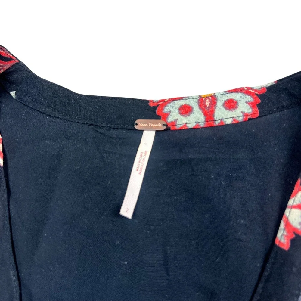 Free People Floral Embroidered Mesh Shoulder Button Front Midi Dress Black Sz 2